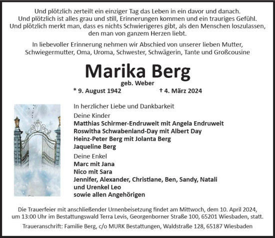 Traueranzeige von Marika Berg von Wiesbadener Kurier