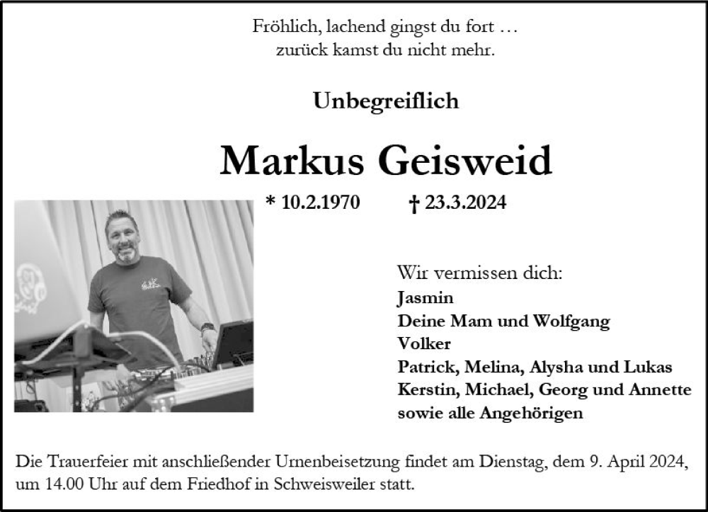  Traueranzeige für Markus Geisweid vom 30.03.2024 aus Allgemeine Zeitung Alzey