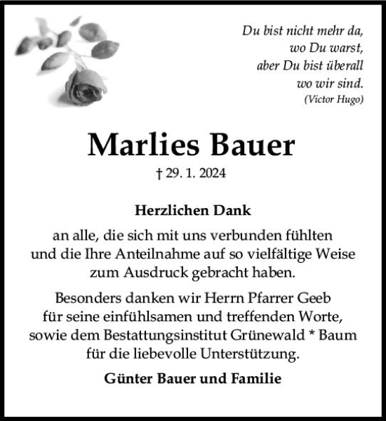 Traueranzeige von Marlies Bauer von Allgemeine Zeitung Mainz