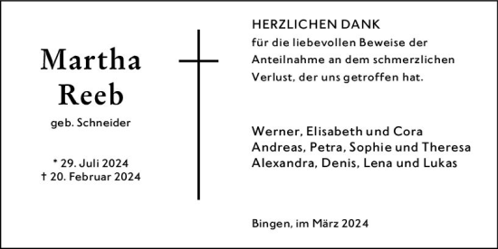Traueranzeige von Martha Reeb von Allgemeine Zeitung Bingen/Ingelheim