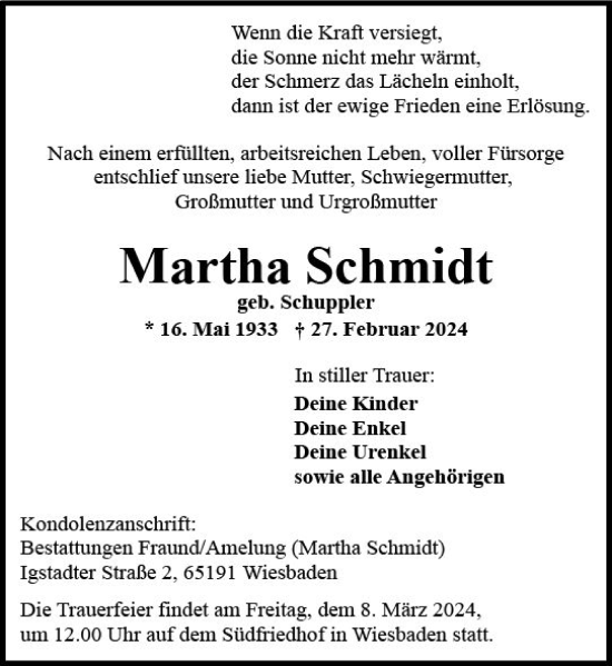 Traueranzeige von Martha Schmidt von Wiesbadener Kurier