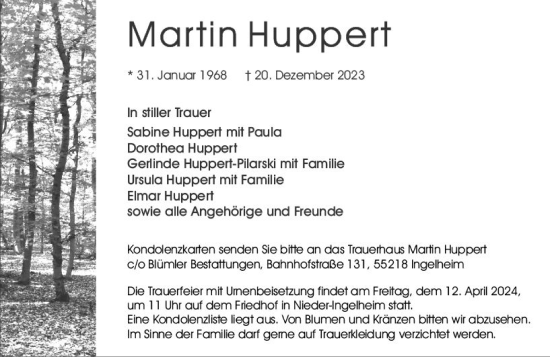 Traueranzeige von Martin Huppert von Allgemeine Zeitung Bingen/Ingelheim