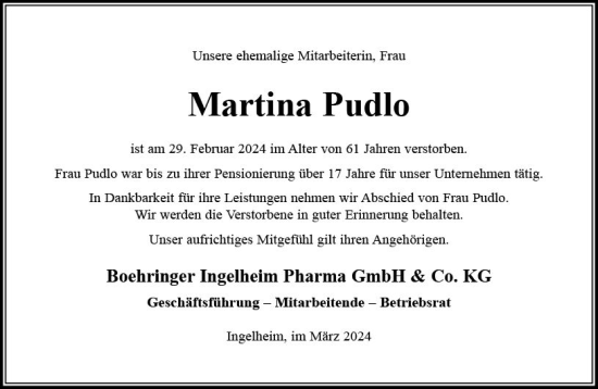 Traueranzeige von Martina Pudlo von Allgemeine Zeitung Bingen/Ingelheim