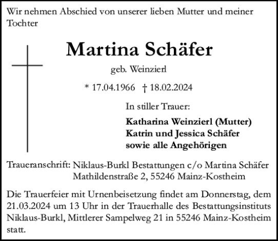 Traueranzeige von Martina Schäfer von Allgemeine Zeitung Mainz