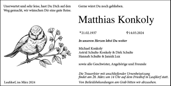 Traueranzeige von Matthias Konkoly von Wetzlarer Neue Zeitung