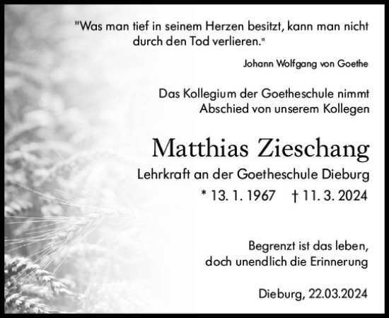 Traueranzeige von Matthias Zieschang von Dieburger Anzeiger/Groß-Zimmerner Lokal-Anzeiger