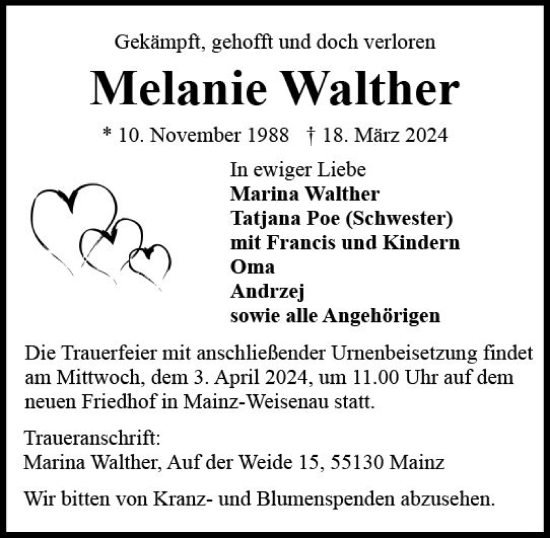 Traueranzeige von Melanie Walther von Allgemeine Zeitung Mainz