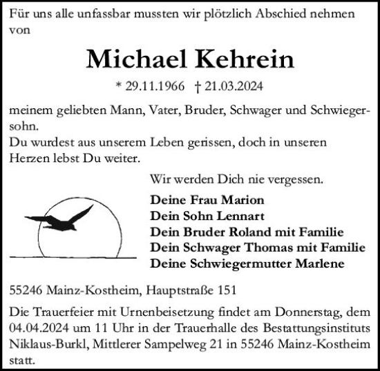 Traueranzeige von Michael Kehrein von Allgemeine Zeitung Mainz