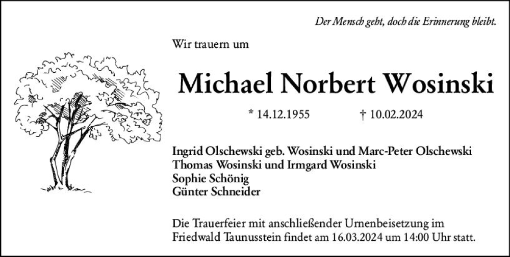  Traueranzeige für Michael Norbert Wosinski vom 09.03.2024 aus Rüsselsheimer Echo