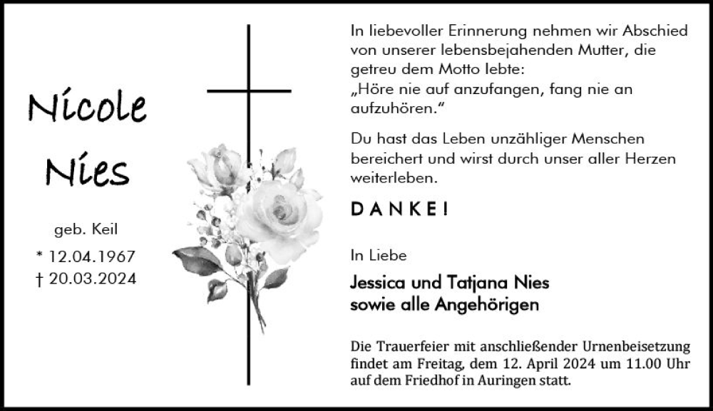 Traueranzeige für Nicole Nies vom 30.03.2024 aus Wiesbadener Kurier