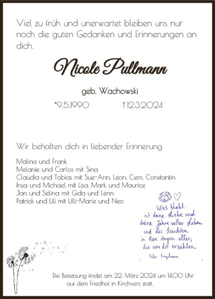  Traueranzeige für Nicole Pullmann vom 20.03.2024 aus Hinterländer Anzeiger