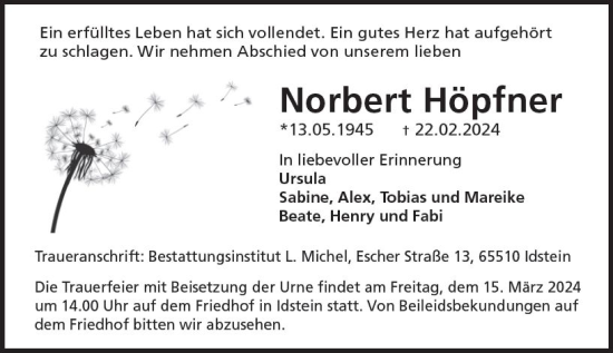 Traueranzeige von Norbert Höpfner von Idsteiner Land/Untertaunus