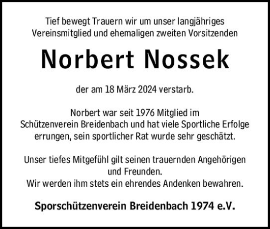 Traueranzeige von Norbert Nossek von Hinterländer Anzeiger