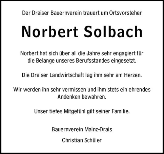 Traueranzeige von Norbert Solbach von Allgemeine Zeitung Mainz