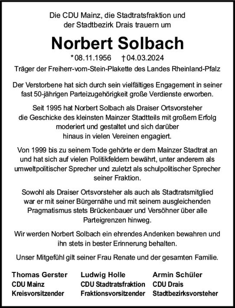  Traueranzeige für Norbert Solbach vom 09.03.2024 aus Allgemeine Zeitung Mainz