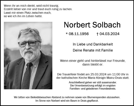 Traueranzeige von Norbert Solbach von Allgemeine Zeitung Mainz