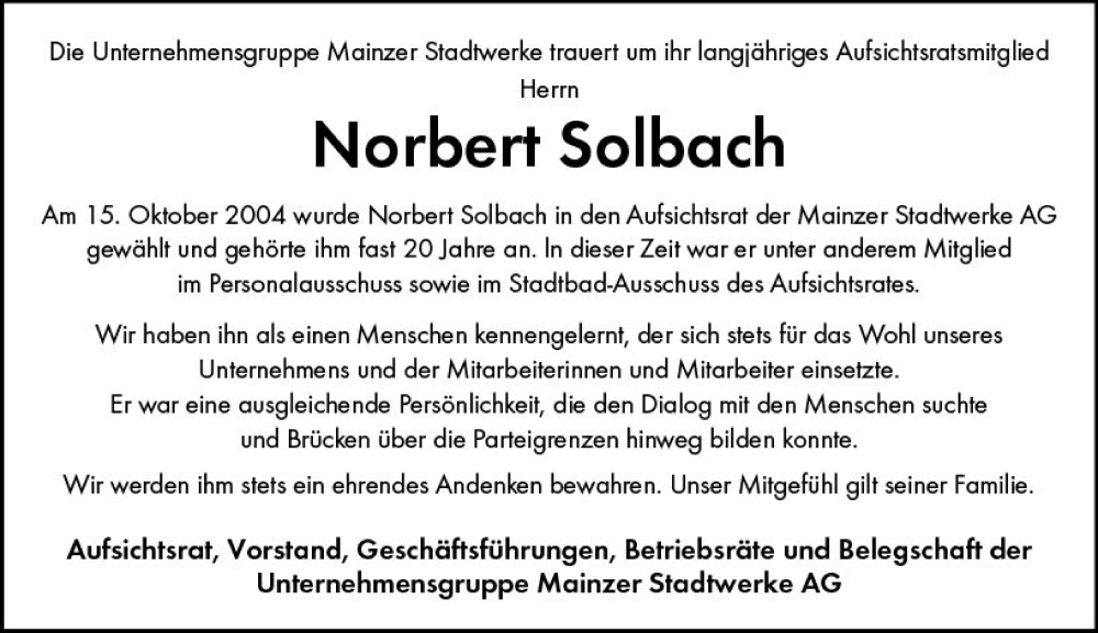  Traueranzeige für Norbert Solbach vom 09.03.2024 aus Allgemeine Zeitung Mainz
