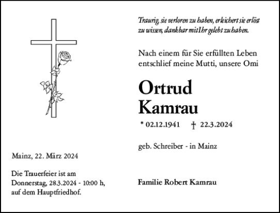 Traueranzeige von Ortrud Kamrau von Allgemeine Zeitung Mainz