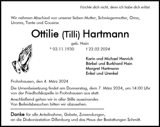 Traueranzeige von Ottilie Hartmann von Dill Block