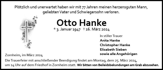 Traueranzeige von Otto Hanke von Allgemeine Zeitung Mainz