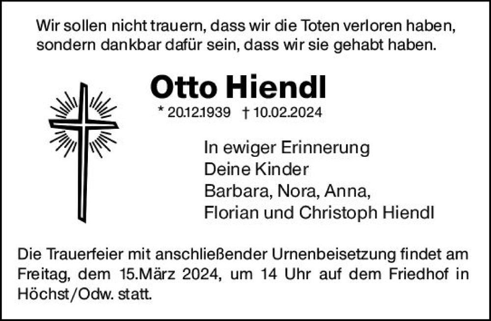  Traueranzeige für Otto Hiendl vom 02.03.2024 aus Odenwälder Echo