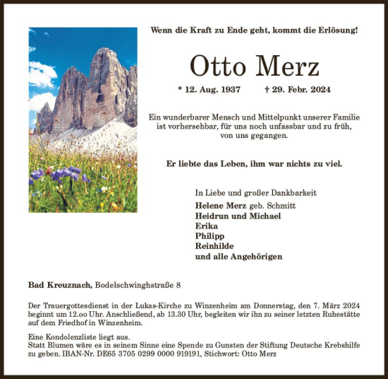 Traueranzeige von Otto Merz von Allgemeine Zeitung Bad Kreuznach