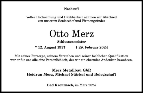Traueranzeige von Otto Merz von Allgemeine Zeitung Bad Kreuznach