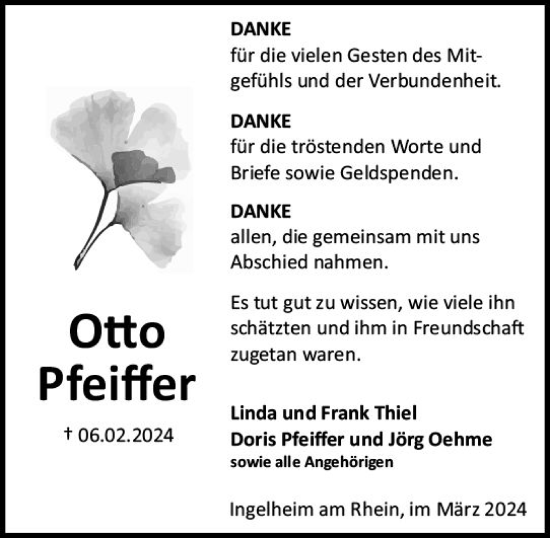 Traueranzeige von Otto Pfeiffer von Allgemeine Zeitung Bingen/Ingelheim