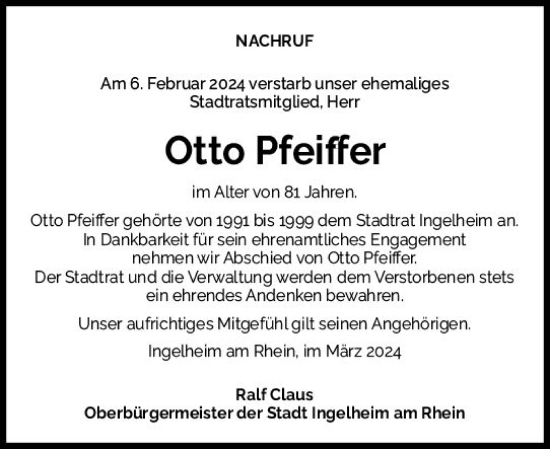 Traueranzeige von Otto Pfeiffer von Allgemeine Zeitung Bingen/Ingelheim