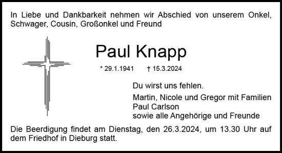 Traueranzeige von Paul Knapp von Dieburger Anzeiger/Groß-Zimmerner Lokal-Anzeiger