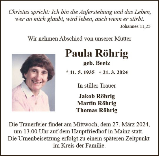 Traueranzeige von Paula Röhrig von Allgemeine Zeitung Mainz