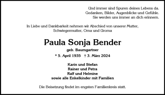Traueranzeige von Paula Sonja Bender von Wiesbadener Kurier