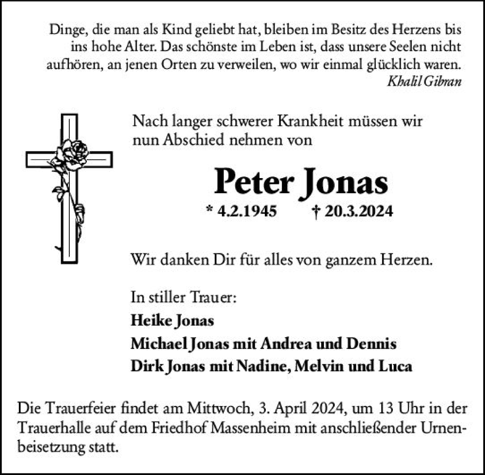  Traueranzeige für Peter Jonas vom 28.03.2024 aus Hochheimer Zeitung
