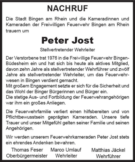 Traueranzeige von Peter Jost von Allgemeine Zeitung Bingen/Ingelheim