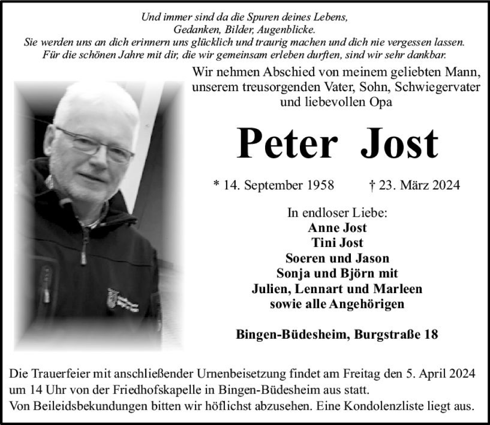  Traueranzeige für Peter Jost vom 30.03.2024 aus Binger-/Ingelheimer Wochenblatt