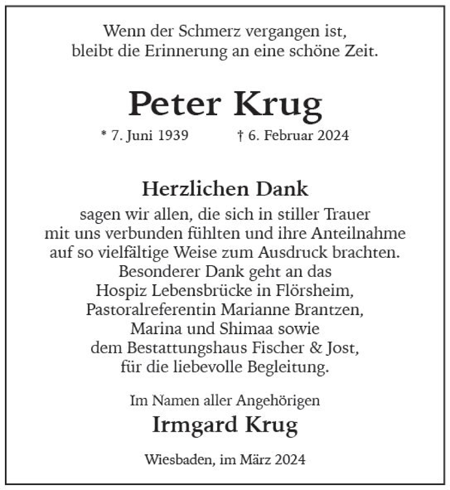  Traueranzeige für Peter Krug vom 30.03.2024 aus Wiesbadener Kurier