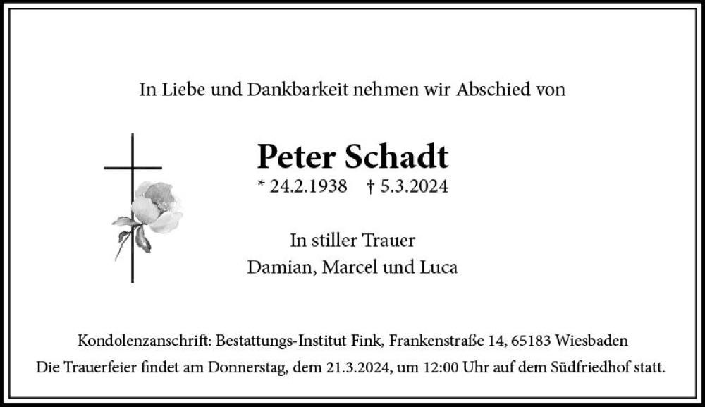  Traueranzeige für Peter Schadt vom 16.03.2024 aus Wiesbadener Kurier
