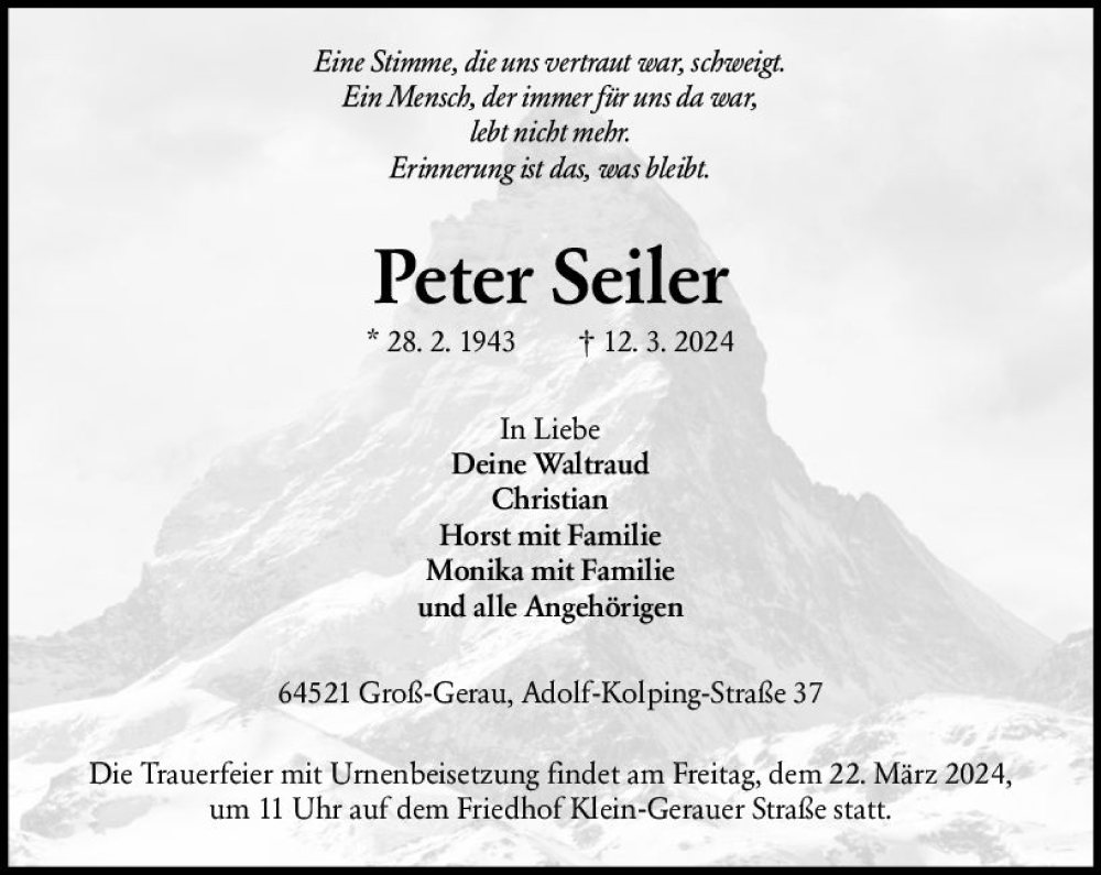  Traueranzeige für Peter Seiler vom 16.03.2024 aus Groß-Gerauer Echo