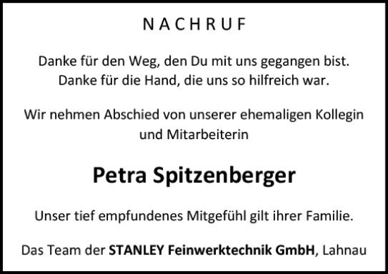 Traueranzeige von Petra Spitzenberger von Wetzlarer Neue Zeitung