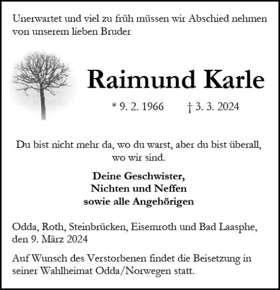Traueranzeige von Raimund Karle von Hinterländer Anzeiger