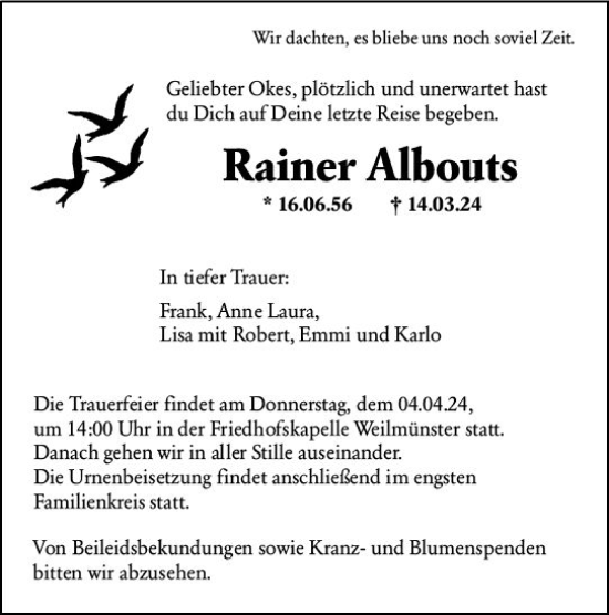 Traueranzeige von Rainer Albouts von Weilburger Tageblatt