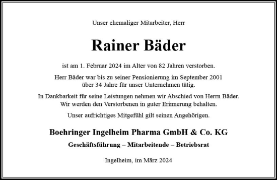 Traueranzeige von Rainer Bäder von Allgemeine Zeitung Bingen/Ingelheim