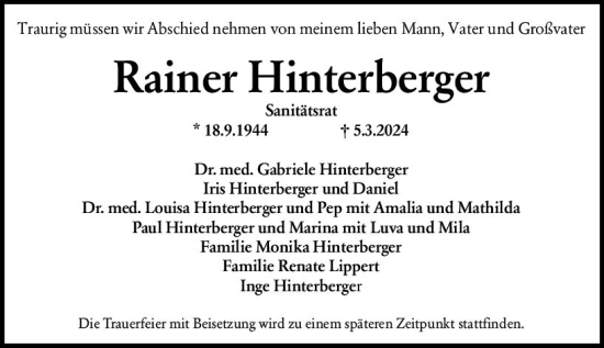 Traueranzeige von Rainer Hinterberger von Wiesbadener Kurier