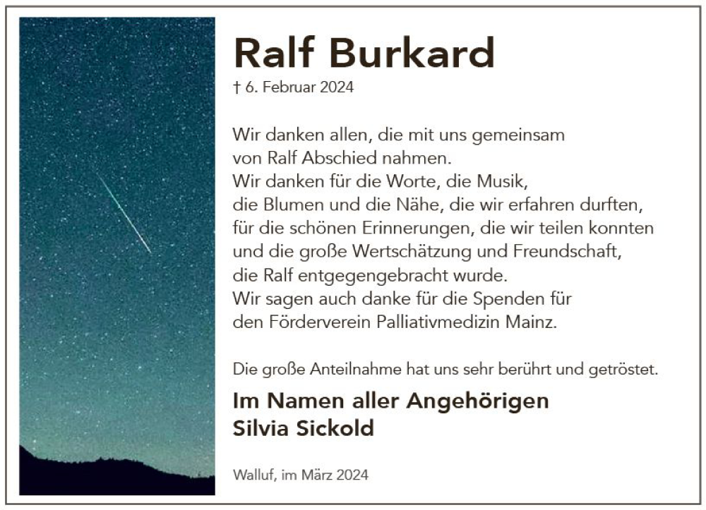  Traueranzeige für Ralf Burkard vom 16.03.2024 aus Wiesbadener Kurier
