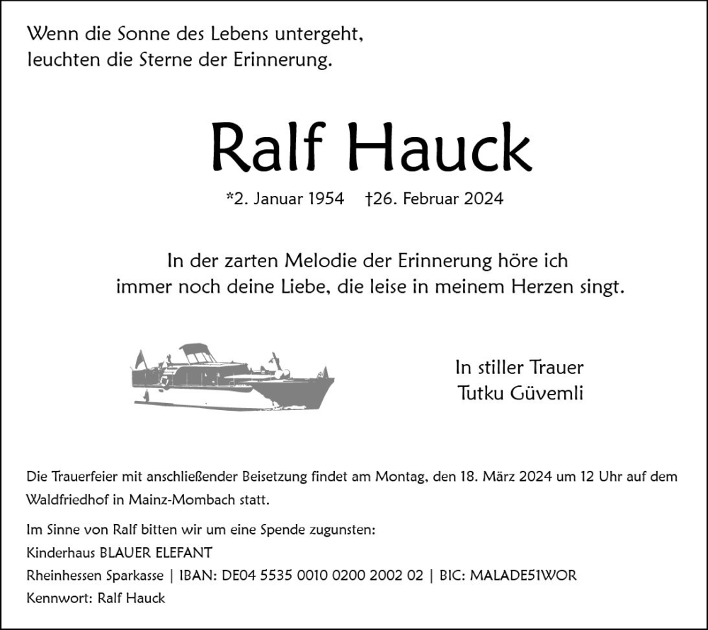  Traueranzeige für Ralf Hauck vom 13.03.2024 aus Allgemeine Zeitung Alzey