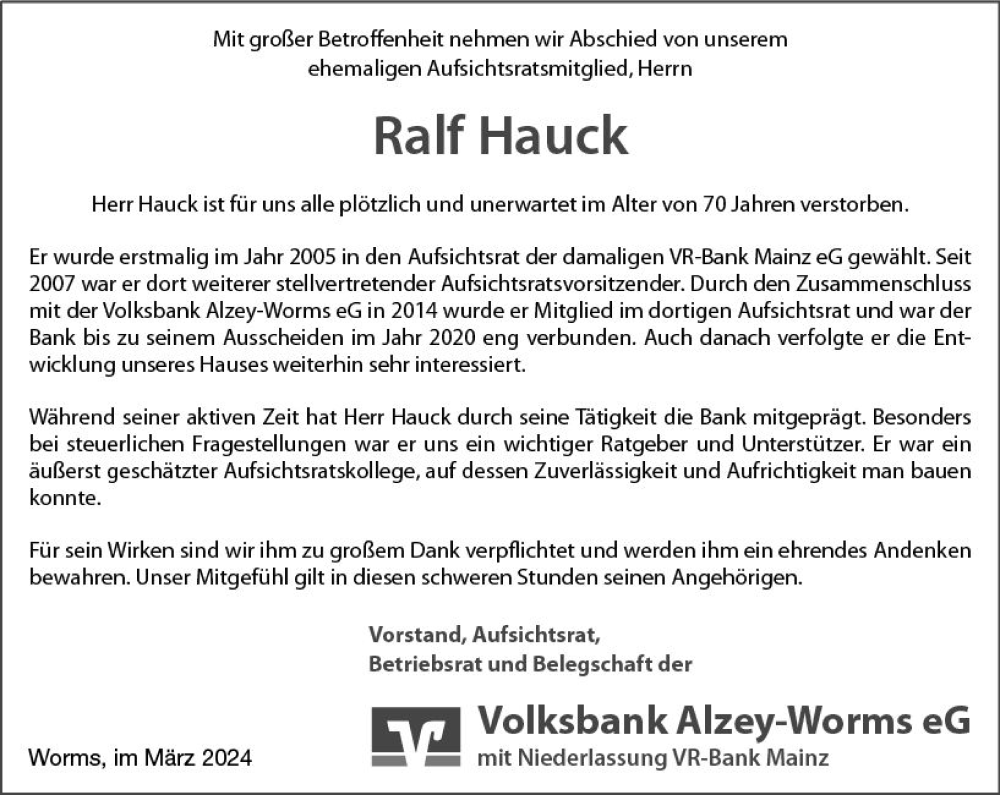  Traueranzeige für Ralf Hauck vom 13.03.2024 aus Allgemeine Zeitung Mainz