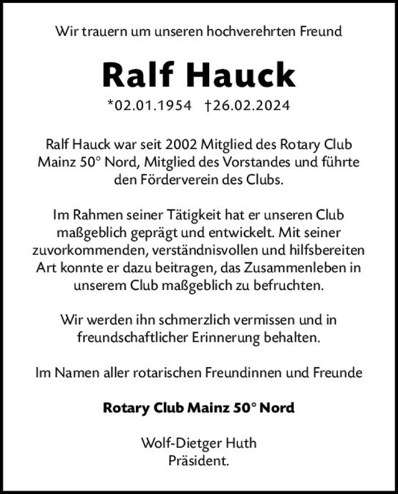  Traueranzeige für Ralf Hauck vom 13.03.2024 aus Allgemeine Zeitung Mainz