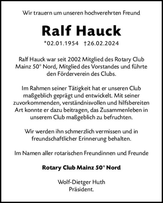 Traueranzeige von Ralf Hauck von Allgemeine Zeitung Mainz