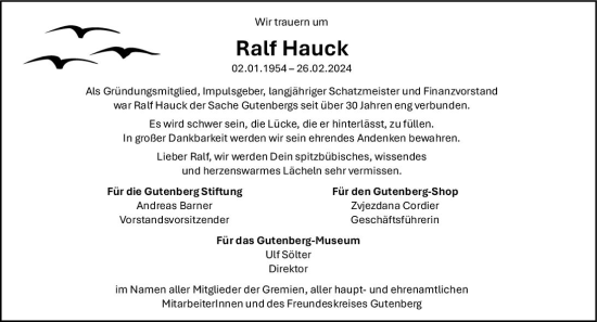 Traueranzeige von Ralf Hauck von Allgemeine Zeitung Mainz