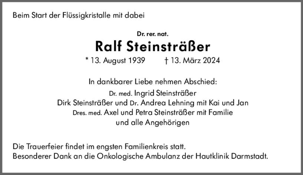  Traueranzeige für Ralf Steinsträßer vom 16.03.2024 aus Darmstädter Echo
